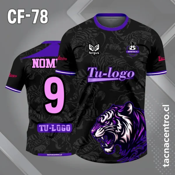 Camiseta de futbol tigre con fondo negro patrones grises 3 Camiseta de futbol tigre con fondo negro patrones grises morado