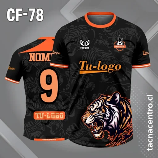 Camiseta de futbol tigre con fondo negro patrones grises naranja