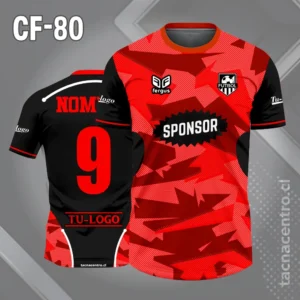 Camiseta de futbol rojo con figuras abstractas sombreadas