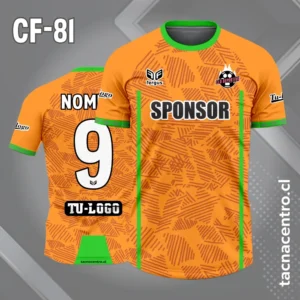 Camiseta de futbol naranja con rayas oscuras y linea verde