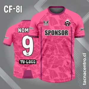 Camiseta de futbol rosadas con rayas oscuras y linea morada