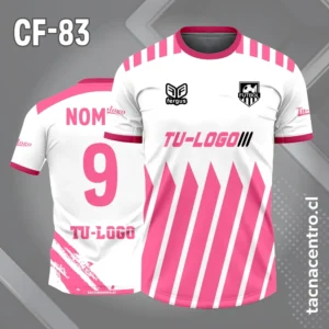 Camiseta de futbol blanco con rayas rosadas en la parte baja del pecho