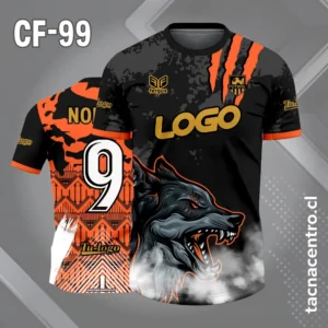 Camiseta de futbol lobo furioso fondo negro con garras naranja