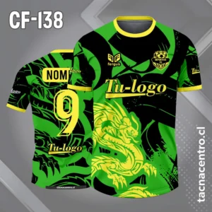 Camiseta de futbol dragon amarillo con fondo negro verde