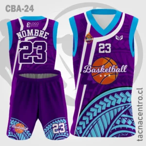 Camisetas de Basketball morado lineas blancas figura celeste y mangas celestes