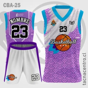Camiseta de Basketball Lila blanco y mangas celestes