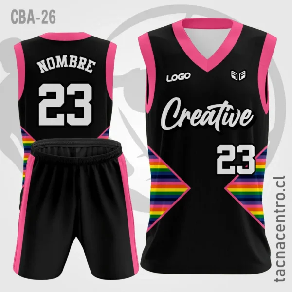 Camiseta de Basketball Guinda mangas naranjas 3 Camisetas de Basketball negra con figuras en el abdomen con mangas rosadas