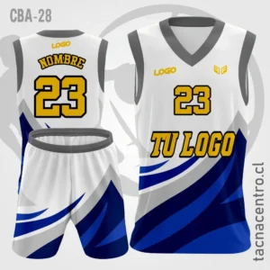 Camiseta de Basketball Blanco Azul y mangas gris