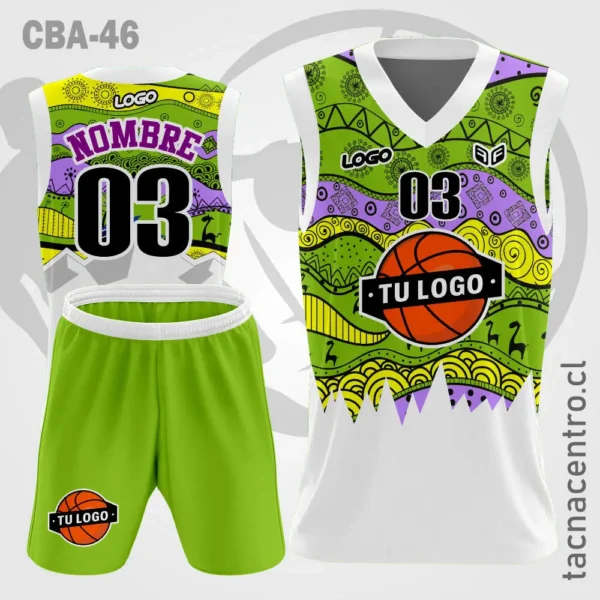 Camiseta de Basquetbol Celeste Blanco con diseños 3 Camisetas de Basquetbol verde blanco con figuras de colores