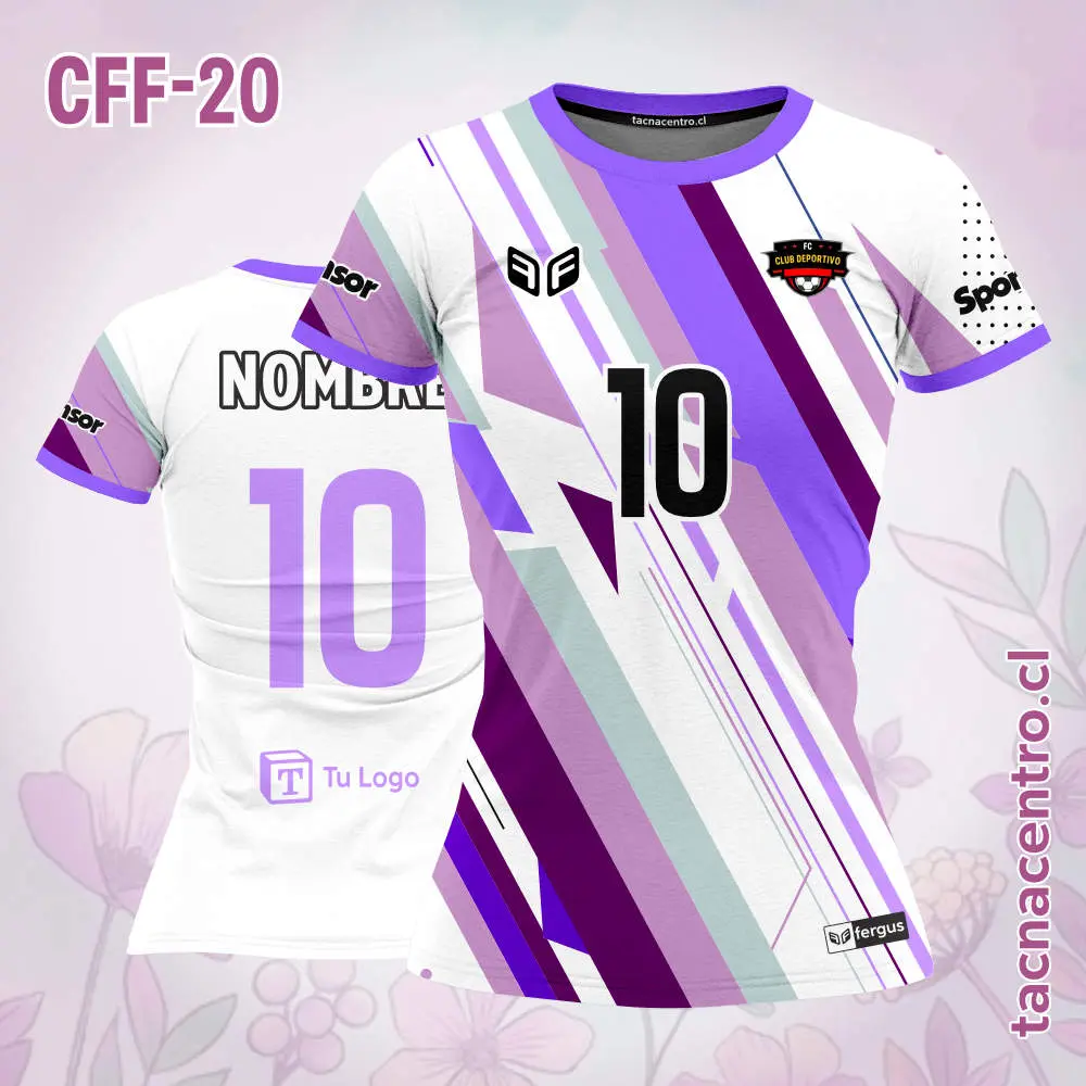 Camiseta de Futbol Femenino Blanco Franjas Moradas