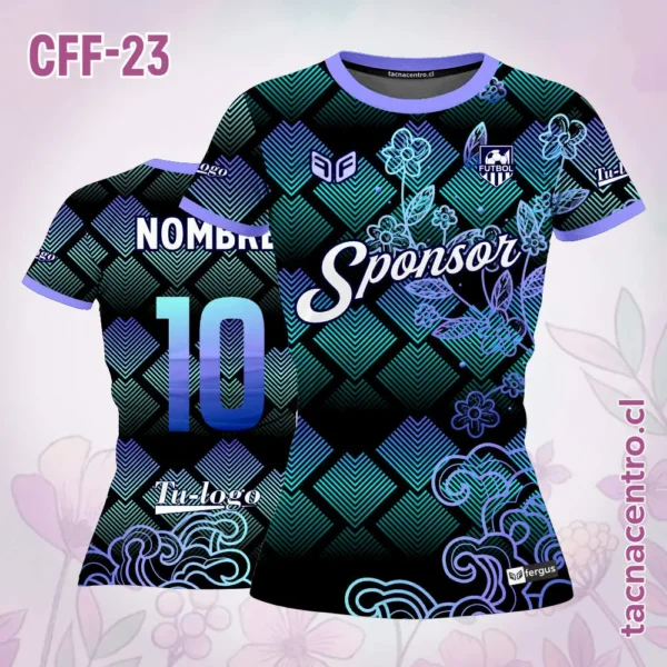 Camiseta de Futbol Femenino Negro Morado Flores 1 Camiseta de Futbol Femenino Negro Morado Flores