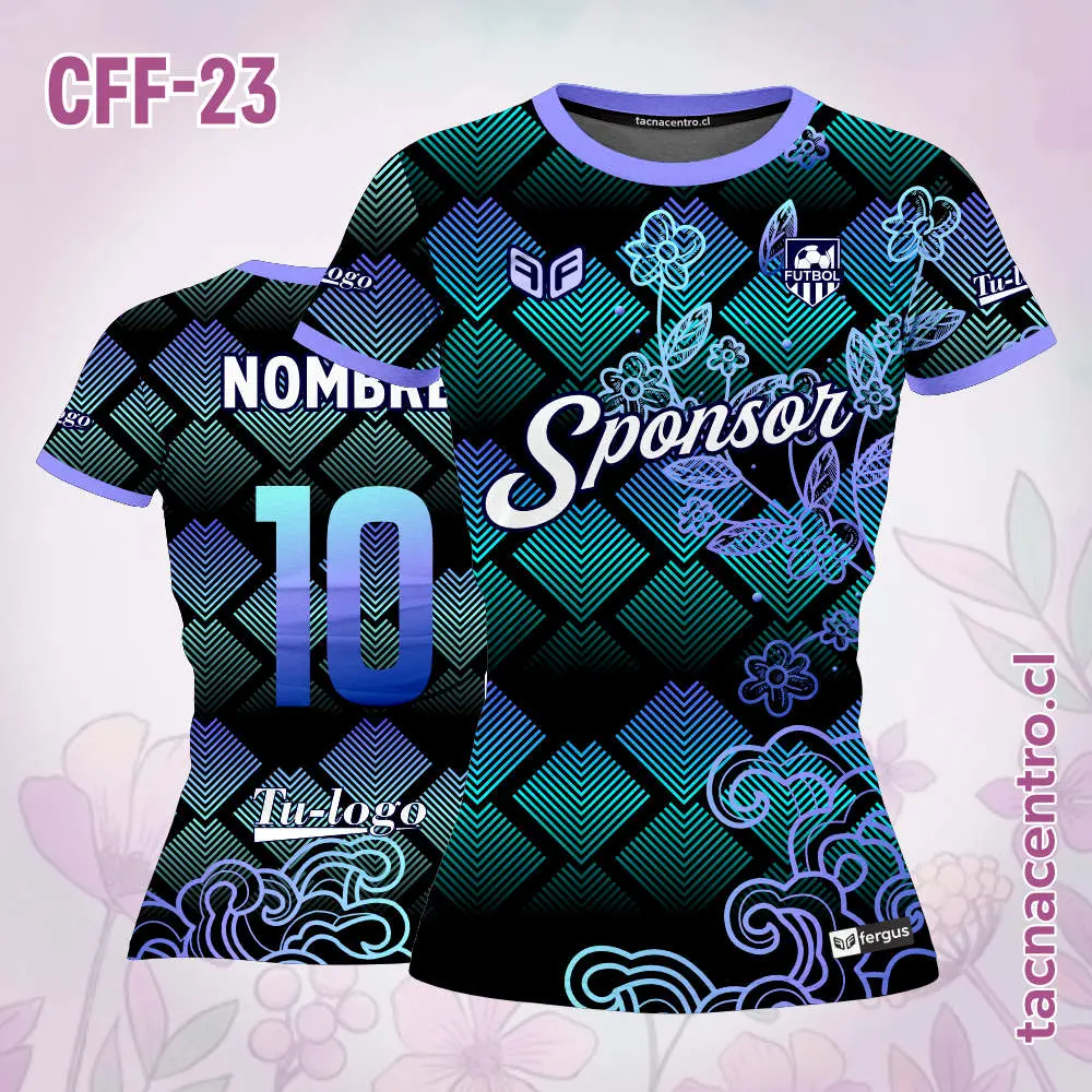 Camiseta de Futbol Femenino Negro Morado Flores