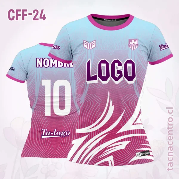 Camiseta de Futbol Femenino Celeste Cuello rosado
