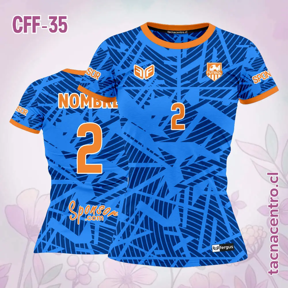 Camiseta de Futbol Femenino Azul Rayas Naranja