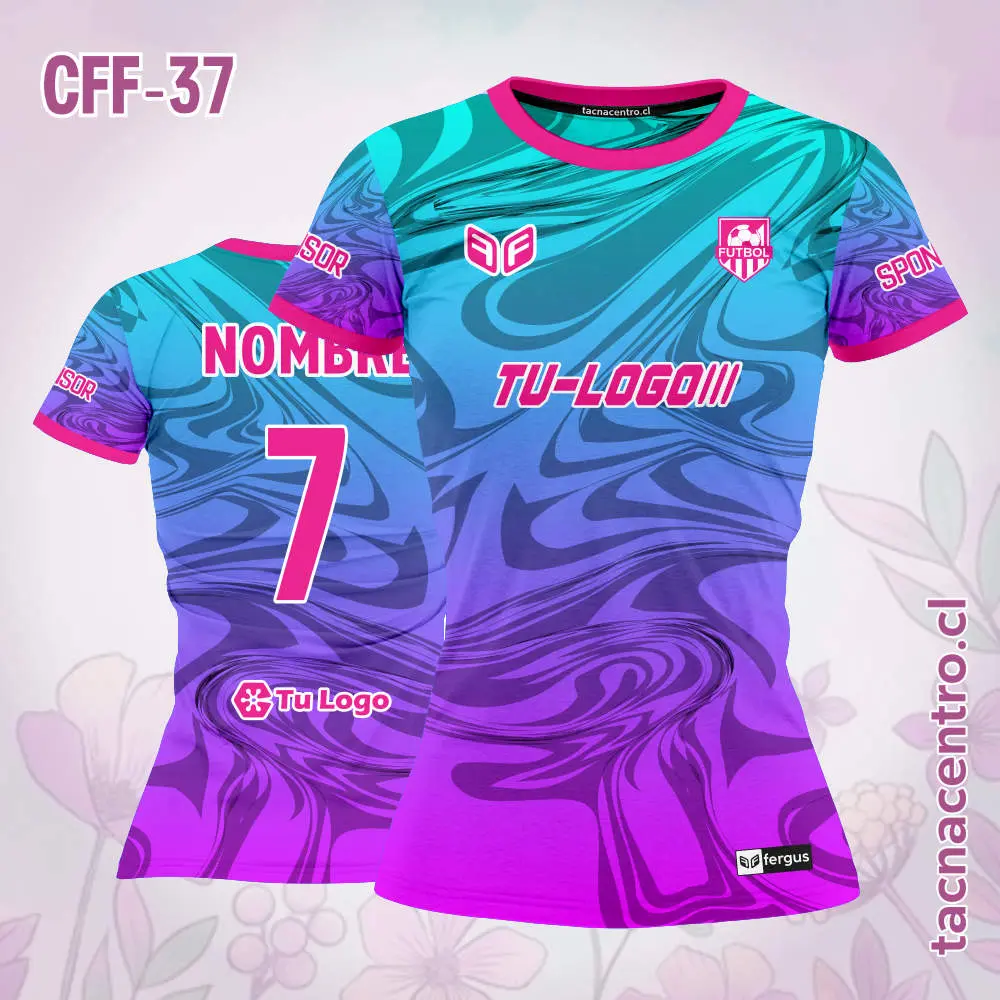 Camiseta de Futbol Femenino Celeste Morado Cuello Rosado