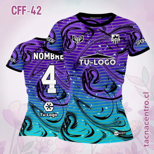 Camiseta de Futbol Femenino Morado Celeste Rayas Negras 1 Camiseta de Futbol Femenino Morado Celeste Rayas Negras