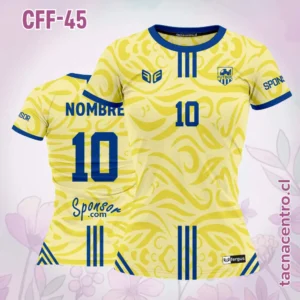 Camiseta de Futbol Femenino amarilla con Lineas azules