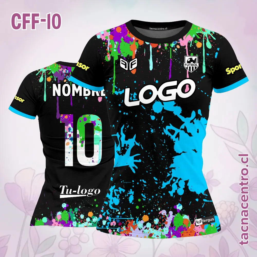 Camiseta de Futbol Femenino negro Colorido celeste