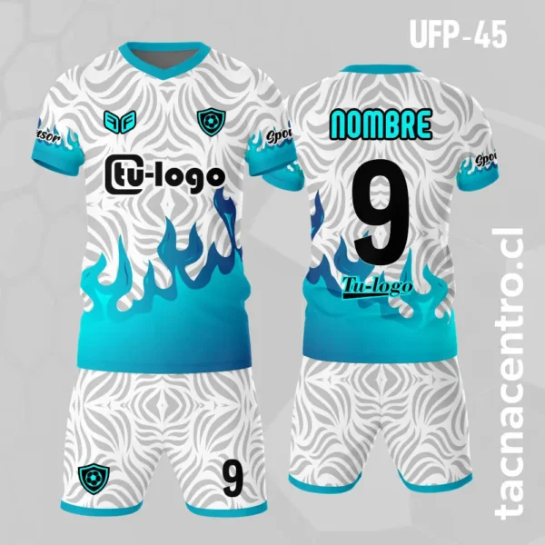 Uniforme de Futbol Negro con Fuego 2 Uniforme de Futbol blanco con Fuego celeste