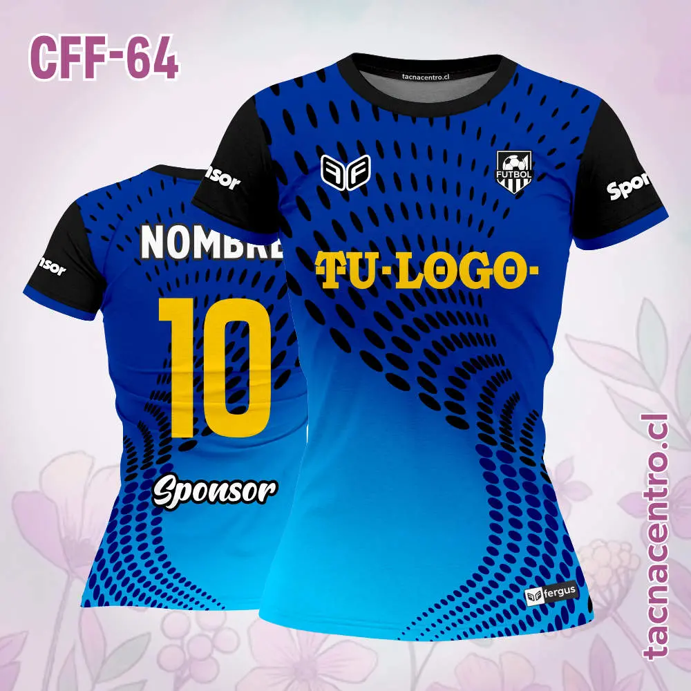 Camiseta de futbol femenino azul con puntos negros