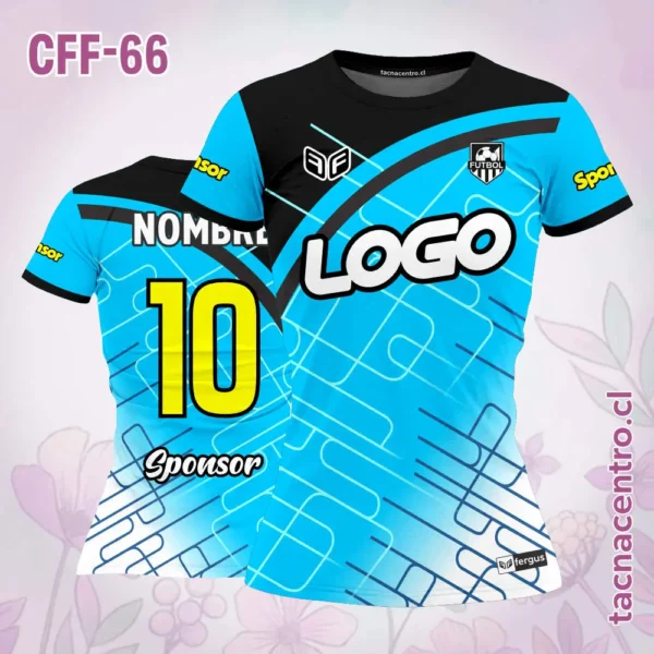 Camiseta de futbol femenino celeste con hombro negro