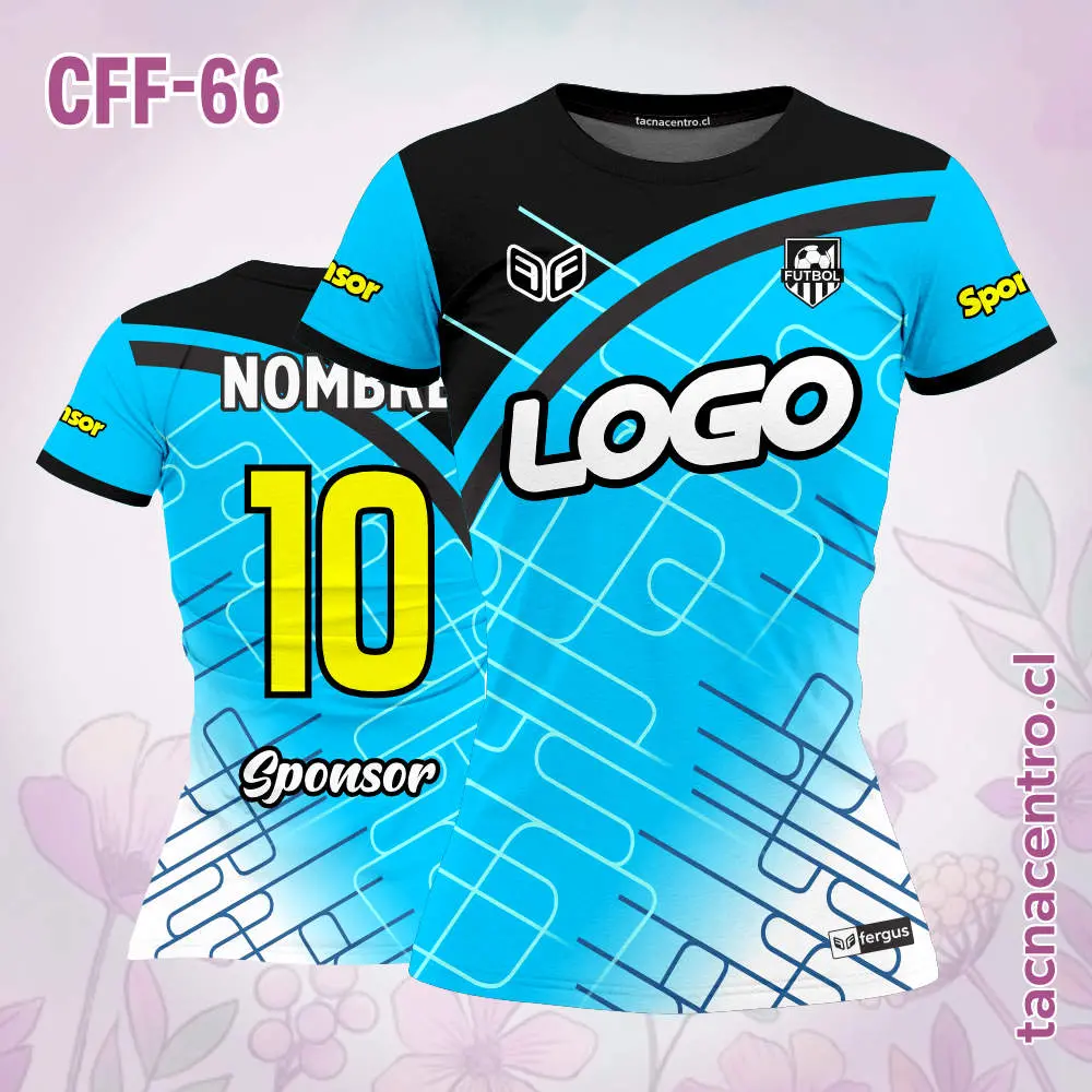 Camiseta de futbol femenino celeste con hombro negro