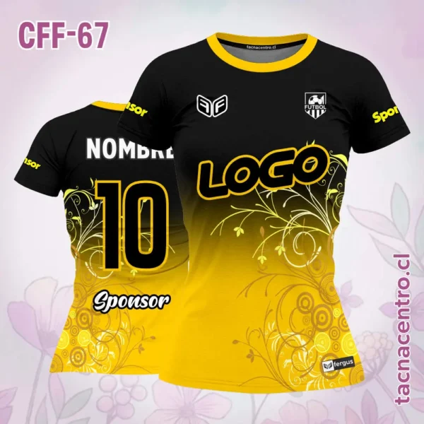 Camiseta de futbol femenino Flores lilas fondo negro 3 Camiseta de futbol femenino Flores amarillas fondo negro