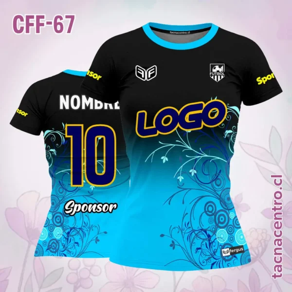 Camiseta de futbol femenino Flores lilas fondo negro 2 Camiseta de futbol femenino Flores celestes fondo negro