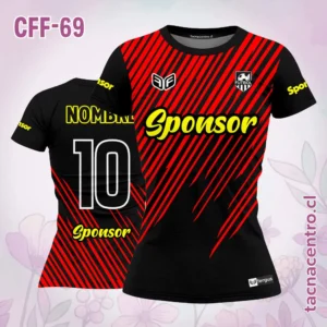 Camiseta de futbol femenino negra con rayas rojas