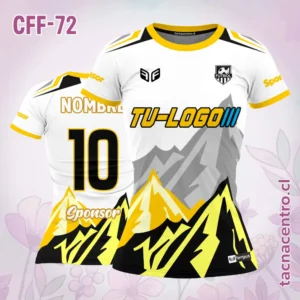 Camiseta de futbol femenino blanco con montañas amarillas