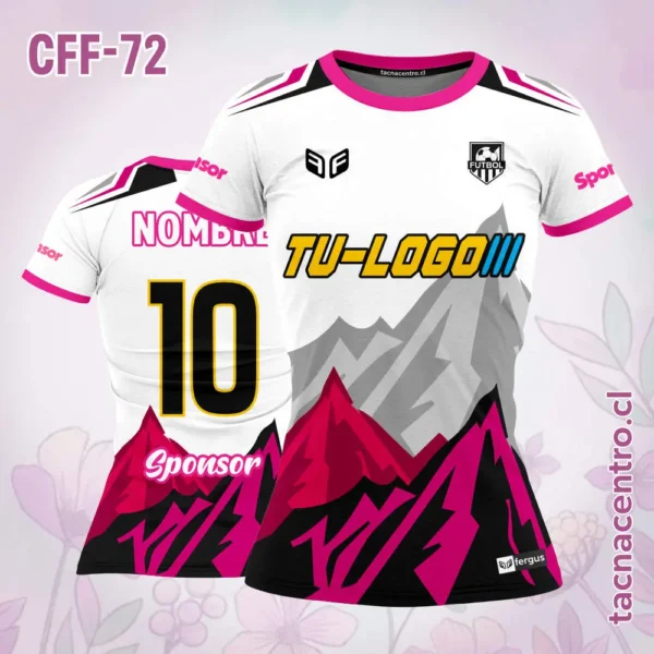 Camiseta de futbol femenino blanco con montañas verdes 2 Camiseta de futbol femenino blanco con montañas rosadas