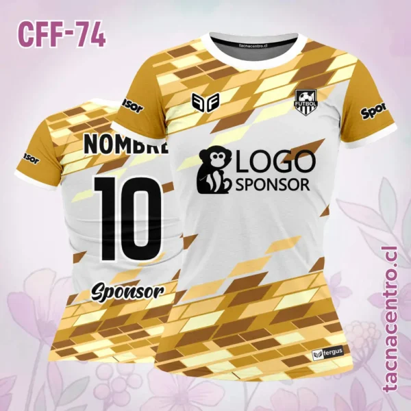 Camiseta de futbol femenino blanco figuras verdes 2 Camiseta de futbol femenino blanco figuras doradas