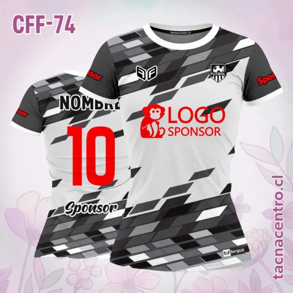 Camiseta de futbol femenino blanco figuras verdes 3 Camiseta de futbol femenino blanco figuras negras