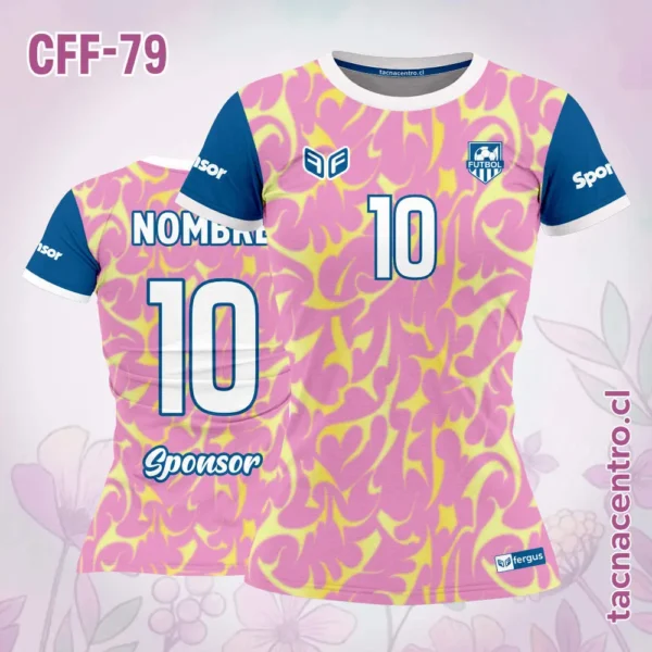 Camiseta de futbol femenino turquesa mangas negras 3 Camiseta de futbol femenino rosado mangas azules