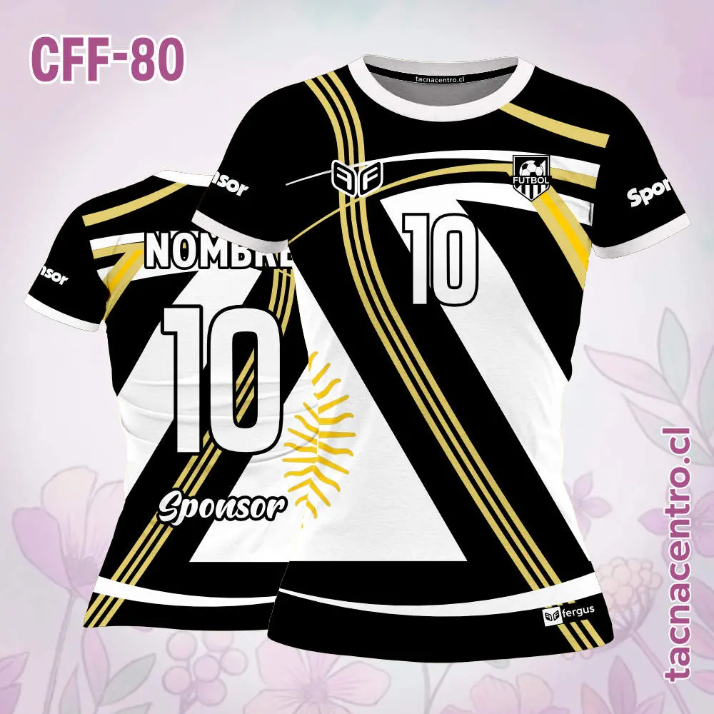 Camiseta de futbol femenino negro con franjas blancas