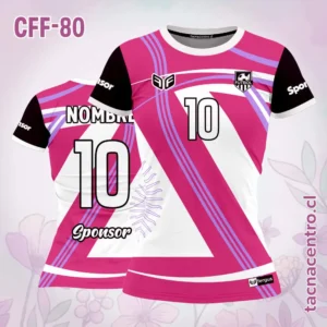 Camiseta de futbol femenino rosado con franjas blancas