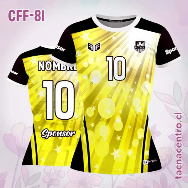 Camiseta de futbol femenino estrellas burbujas celeste 2 Camiseta de futbol femenino estrellas burbujas amarillas