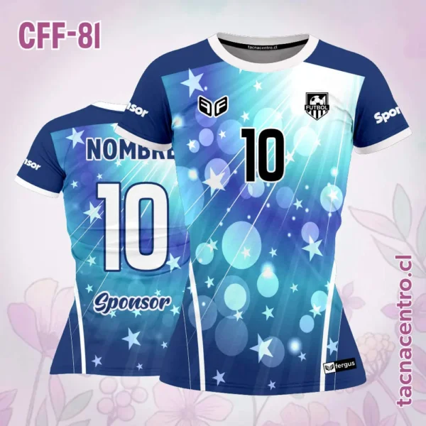 Camiseta de futbol femenino estrellas burbujas celeste 1 Camiseta de futbol femenino estrellas burbujas celeste