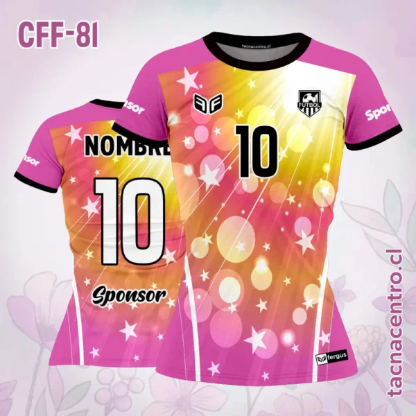 Camiseta de futbol femenino estrellas burbujas celeste 3 Camiseta de futbol femenino estrellas burbujas rosado