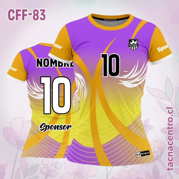 Camiseta de futbol femenino Celeste amarillo líneas negras 2 Camiseta de futbol femenino morado amarillo líneas naranjas
