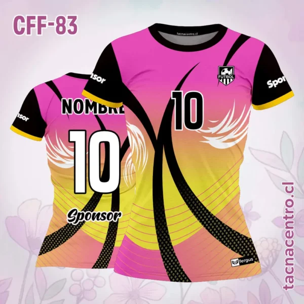 Camiseta de futbol femenino Celeste amarillo líneas negras 3 Camiseta de futbol femenino rosado amarillo líneas negras