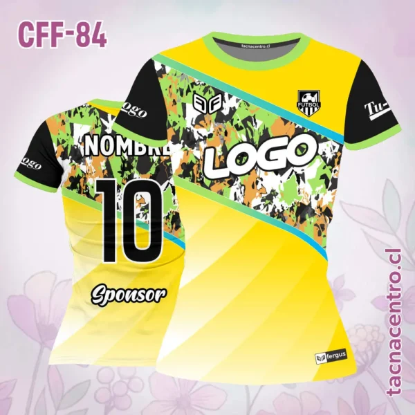 Camiseta de futbol femenino Gris figuras de colores 2 Camiseta de futbol femenino amarillo figuras de colores