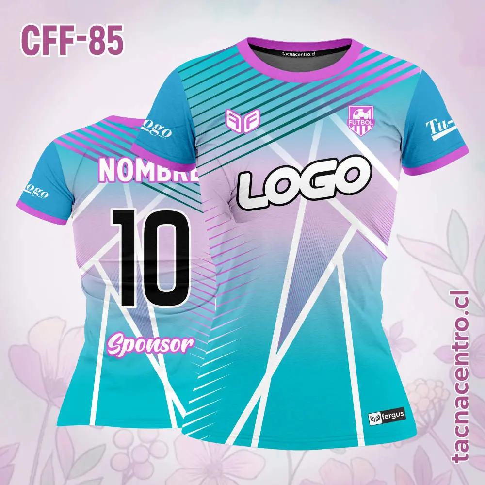 Camiseta de futbol femenino celeste con rosado bebe