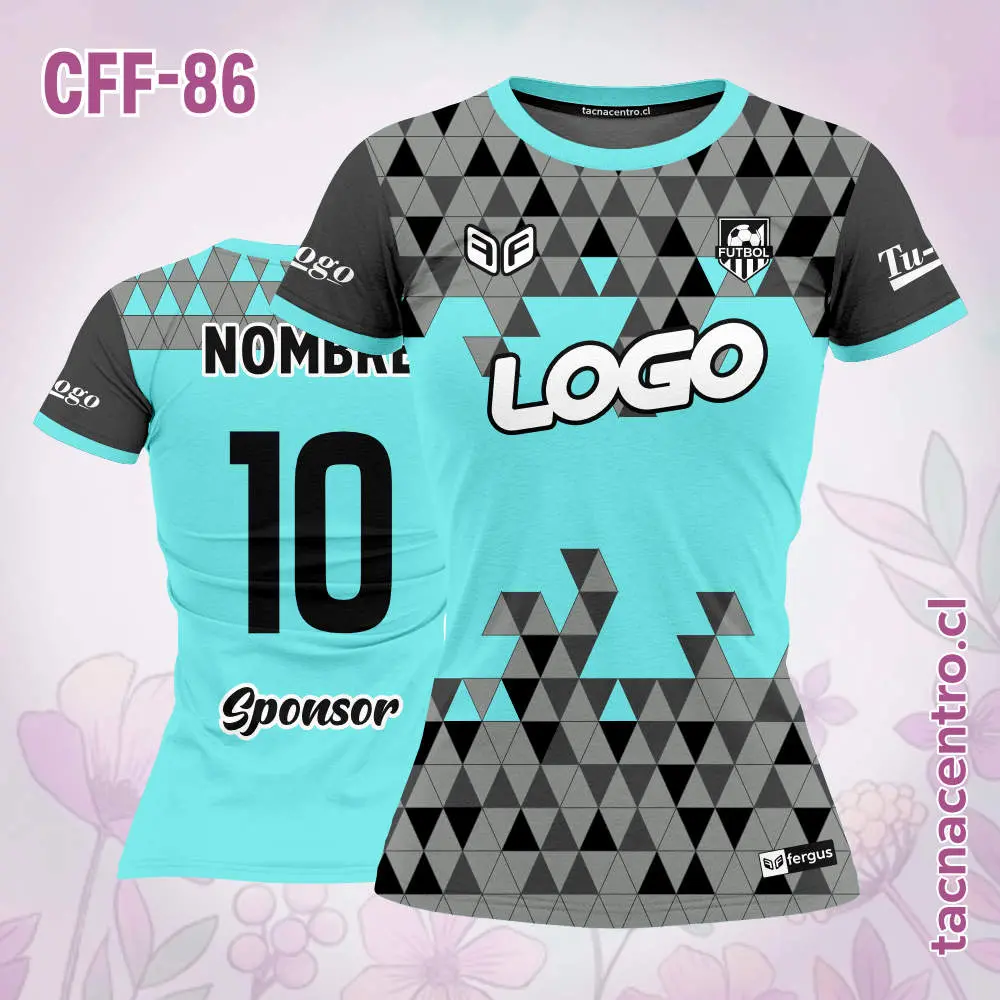 Camiseta de futbol femenino celeste triangulos grises