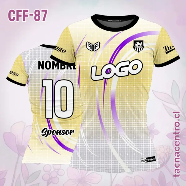 Camiseta de futbol femenino amarilla con líneas circulares 2 Camiseta de futbol femenino amarilla con líneas circulares moradas