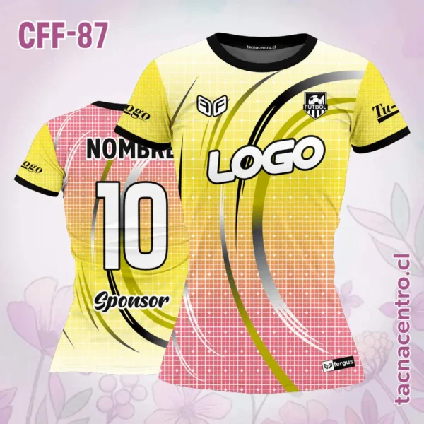 Camiseta de futbol femenino amarilla con líneas circulares 1 Camiseta de futbol femenino amarilla con líneas circulares