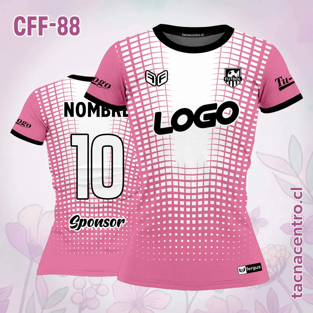 Camiseta de futbol femenino rosado con puntos blancos