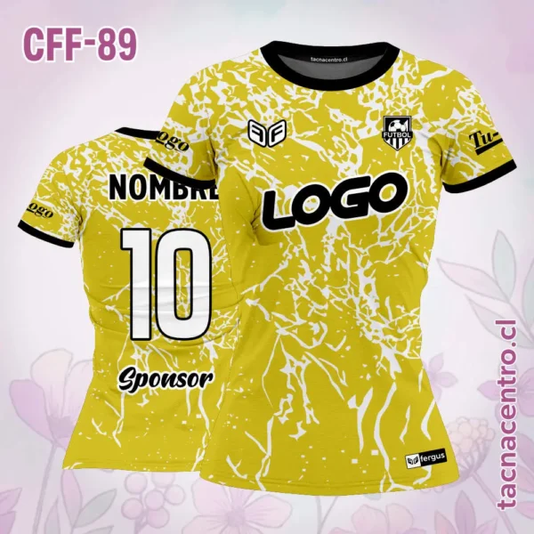 Camiseta de futbol femenino celeste con rajadura lila 2 Camiseta de futbol femenino amarillo con rajadura blanca
