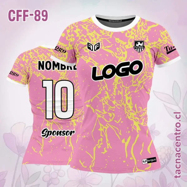 Camiseta de futbol femenino celeste con rajadura lila 3 Camiseta de futbol femenino rosado con rajadura amarilla