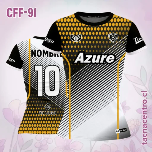 Camiseta de futbol femenino negro blanco puntos amarillos